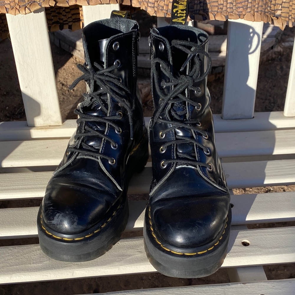 Dr. Martens Shiny Black Boots with Yellow Stitching